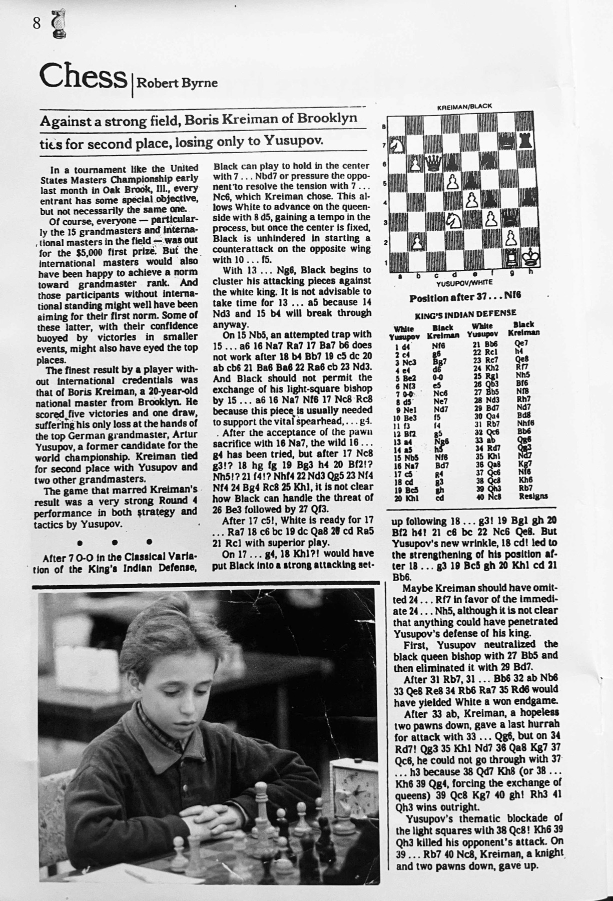 New York Times Chess column by Robert Byrne featuring Boris Kreiman