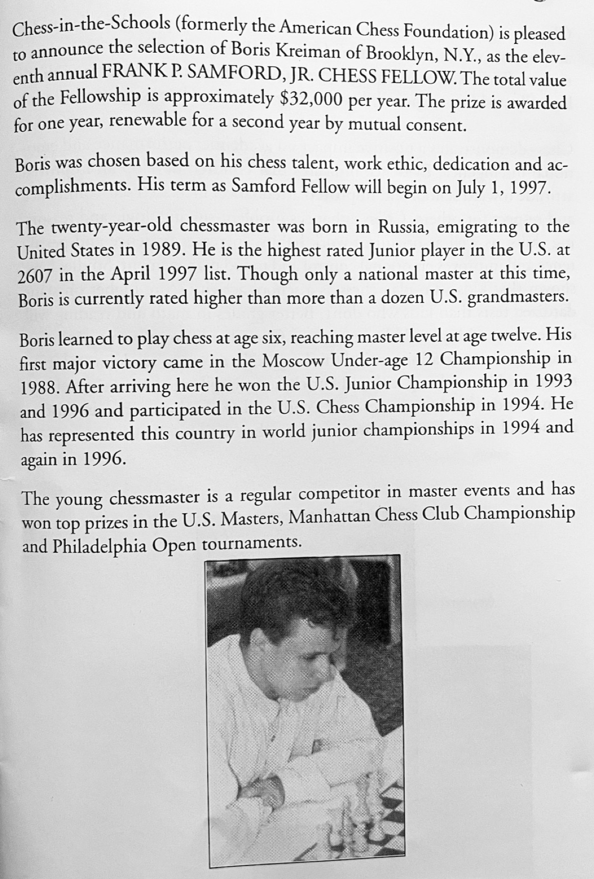 Portrait of Boris Kreiman as Samford Chess Fellow